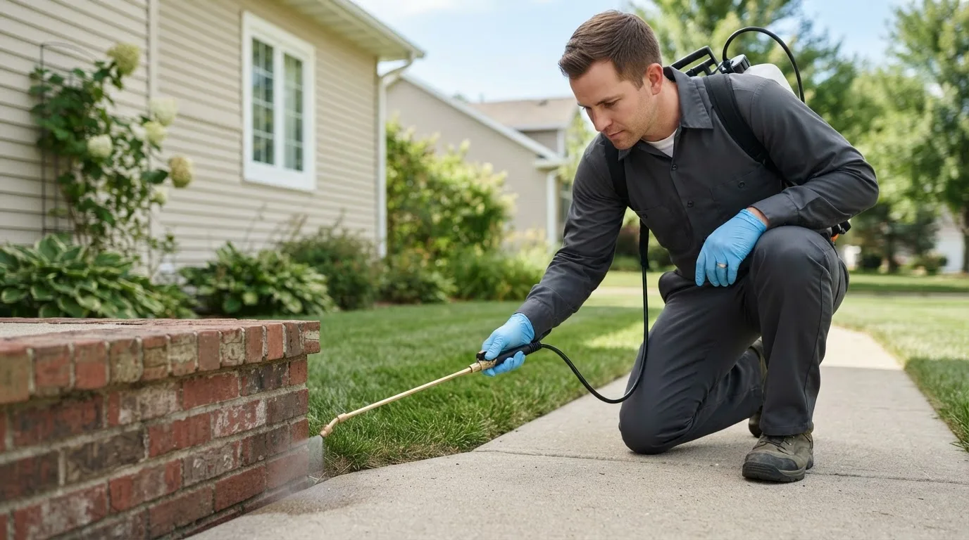 Pest control technician treating a home near English, IN